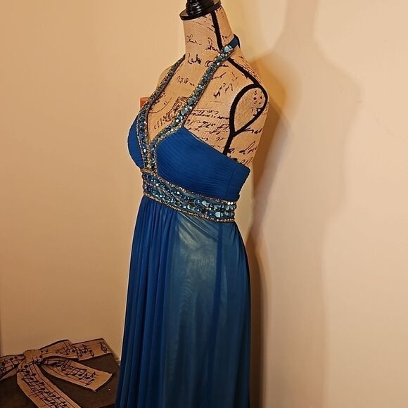 Cache Teal and lime bejeweled halter maxi gown size 4 - Picture 5 of 13